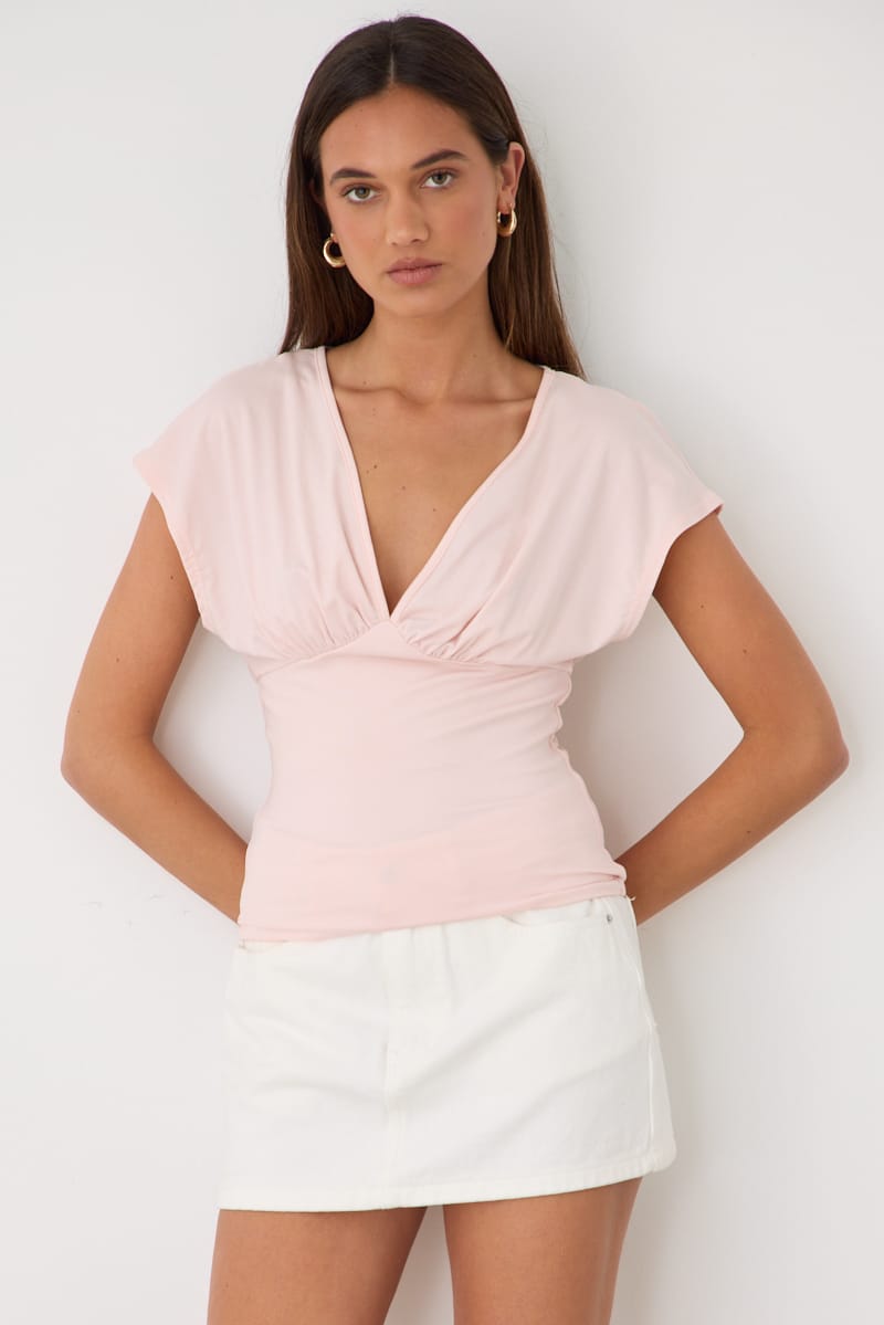 Pink V-neck Top Short Sleeve for Ally Fashion