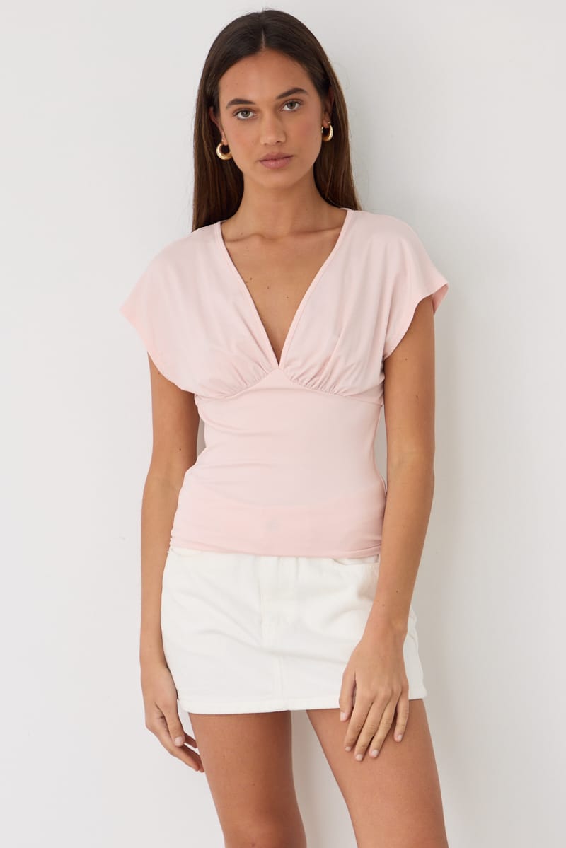Pink V-neck Top Short Sleeve for Ally Fashion