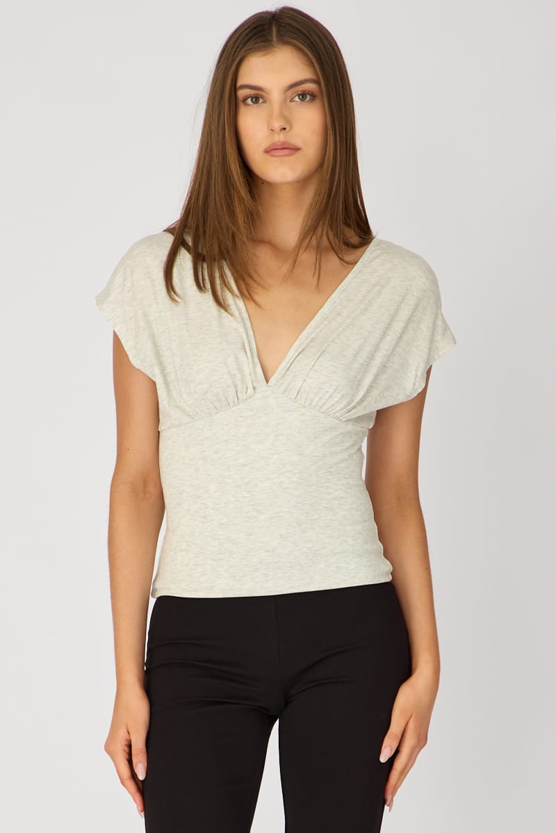 Grey V-neck Top Short Sleeve for Ally Fashion