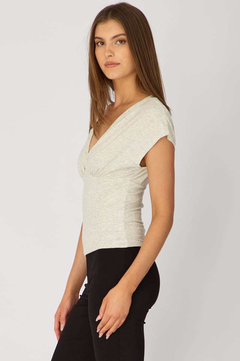 Grey V-neck Top Short Sleeve for Ally Fashion