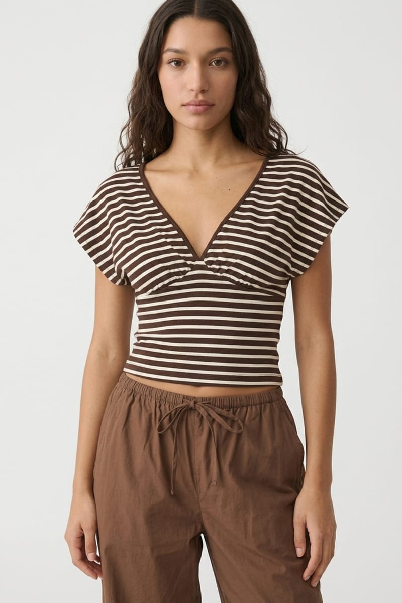 Brown Stripe Short Sleeve V-neck Top for Ally Fashion