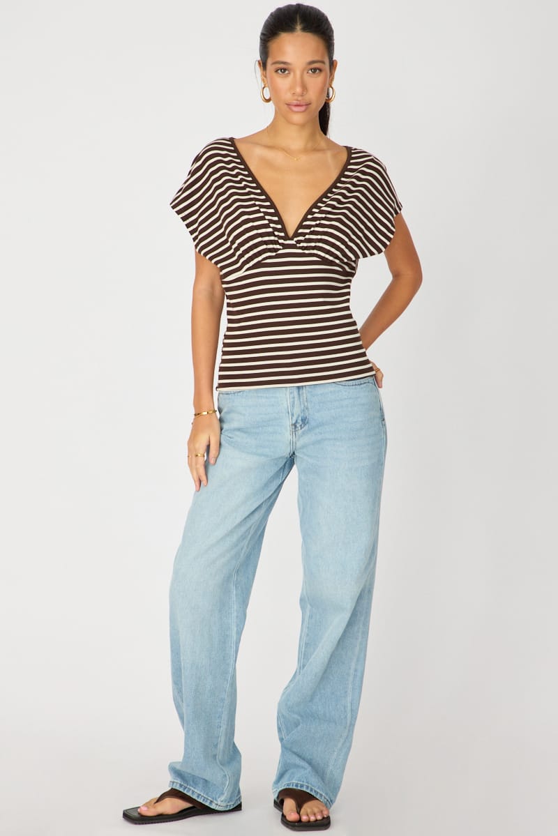 Brown Stripe Short Sleeve V-neck Top for Ally Fashion