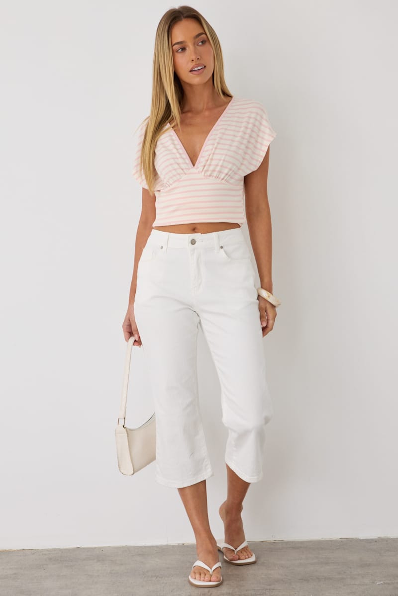 Blue Stripe Short Sleeve V-neck Top for Ally Fashion