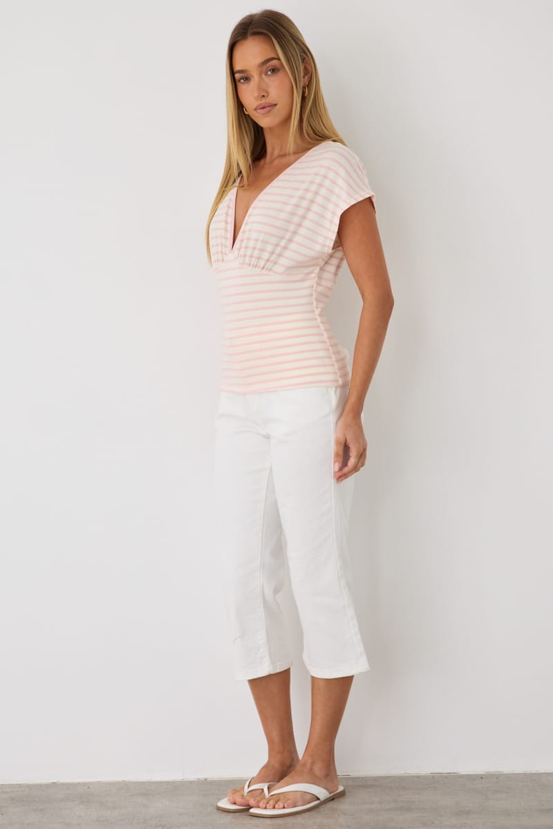 Blue Stripe Short Sleeve V-neck Top for Ally Fashion