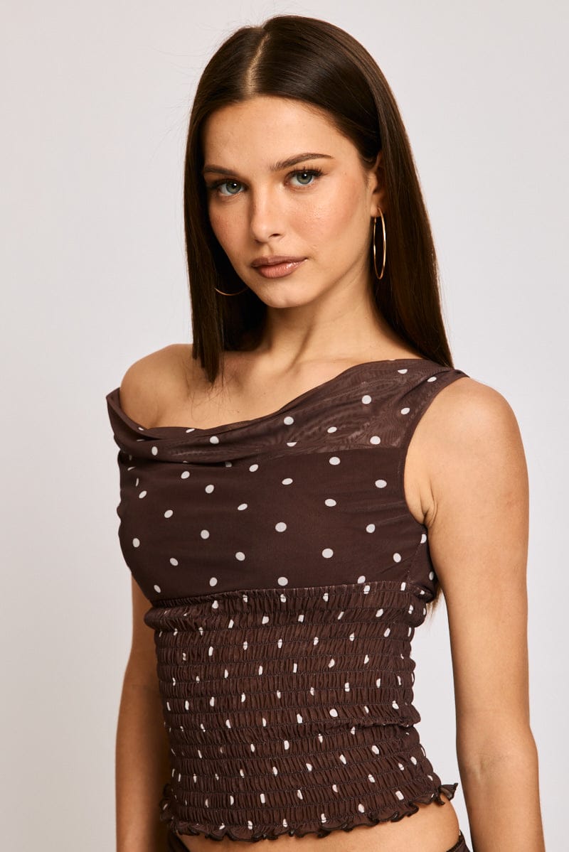 Brown Polka Dot One Shoulder Polka Dot Mesh Top for Ally Fashion