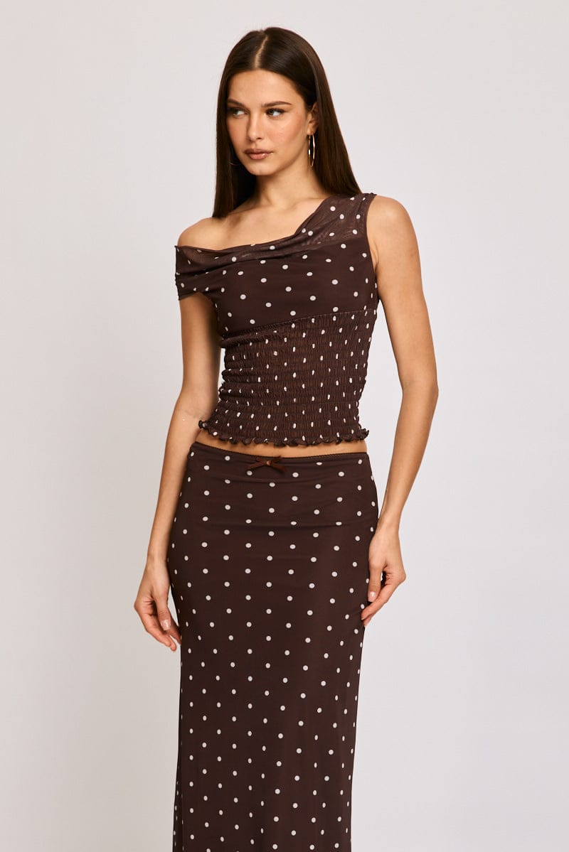 Brown Polka Dot One Shoulder Polka Dot Mesh Top for Ally Fashion