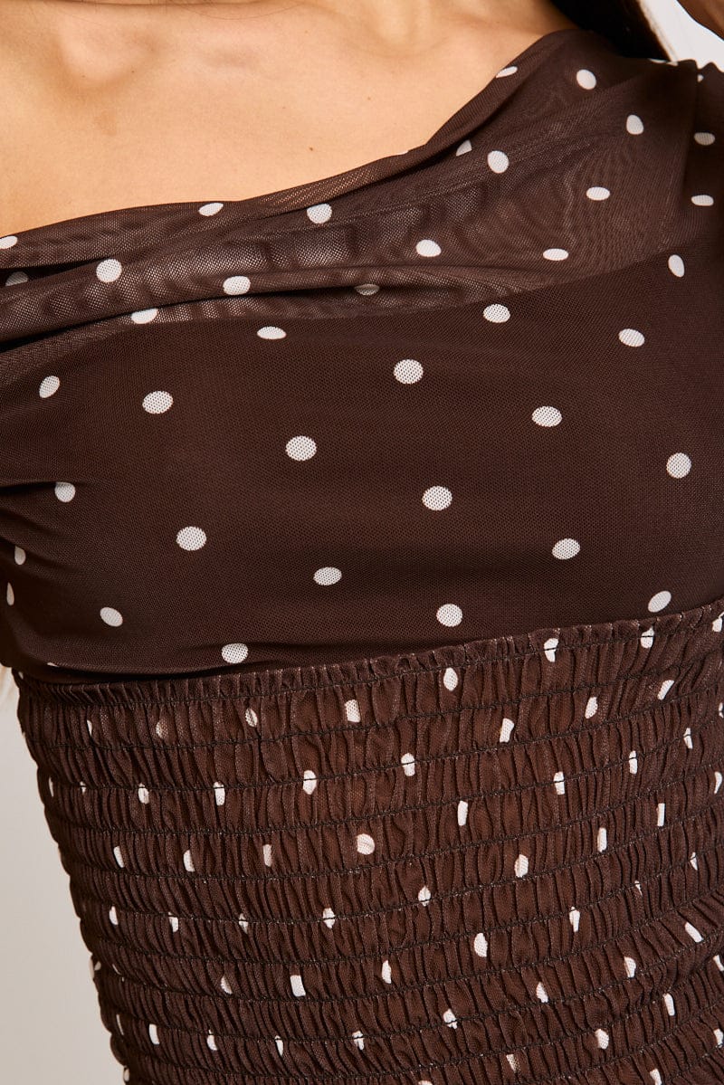 Brown Polka Dot One Shoulder Polka Dot Mesh Top for Ally Fashion