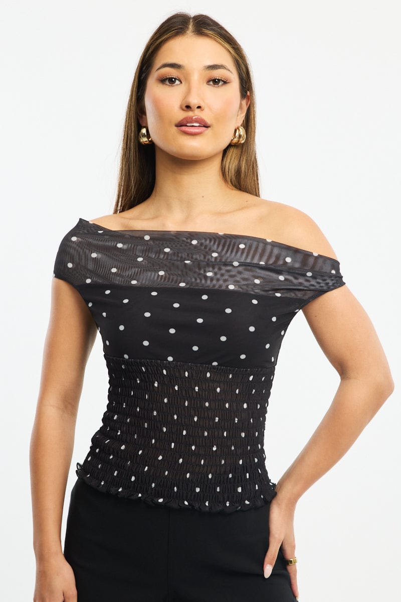 Black Polka Dot One Shoulder Polka Dot Mesh Top | Ally Fashion