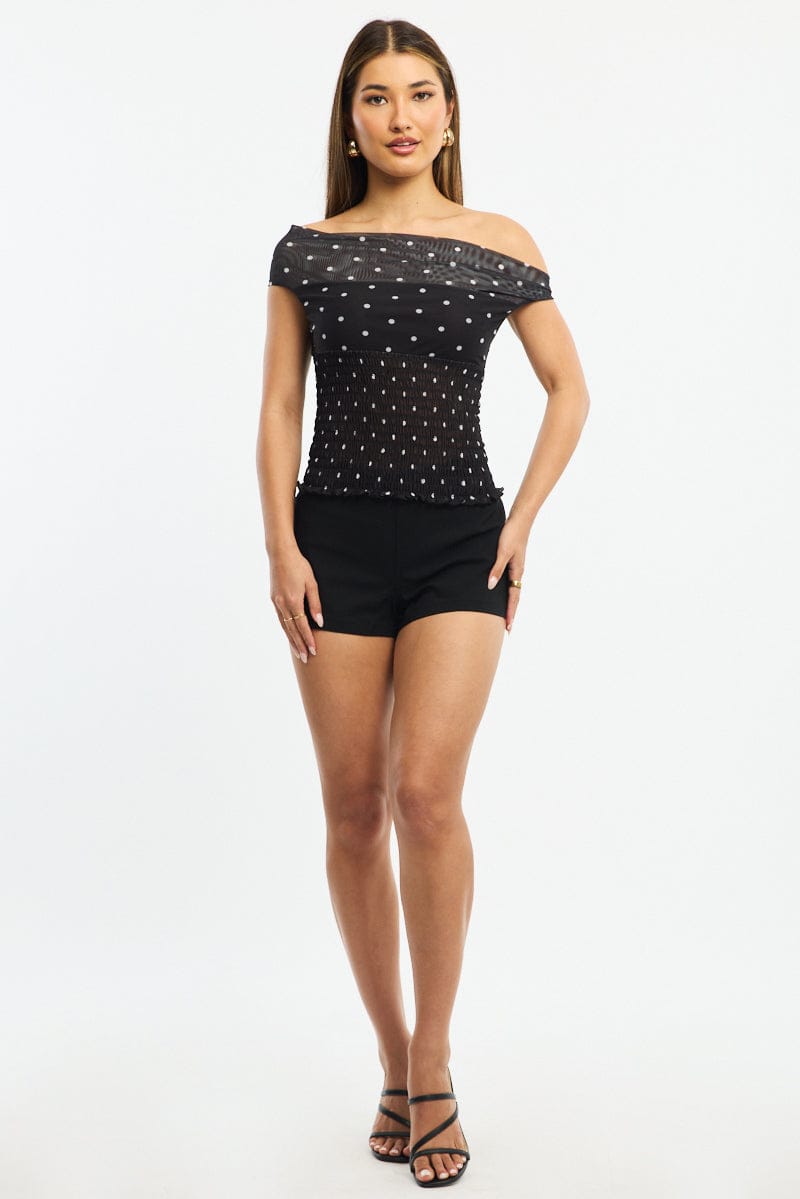 Black Polka Dot One Shoulder Polka Dot Mesh Top for Ally Fashion