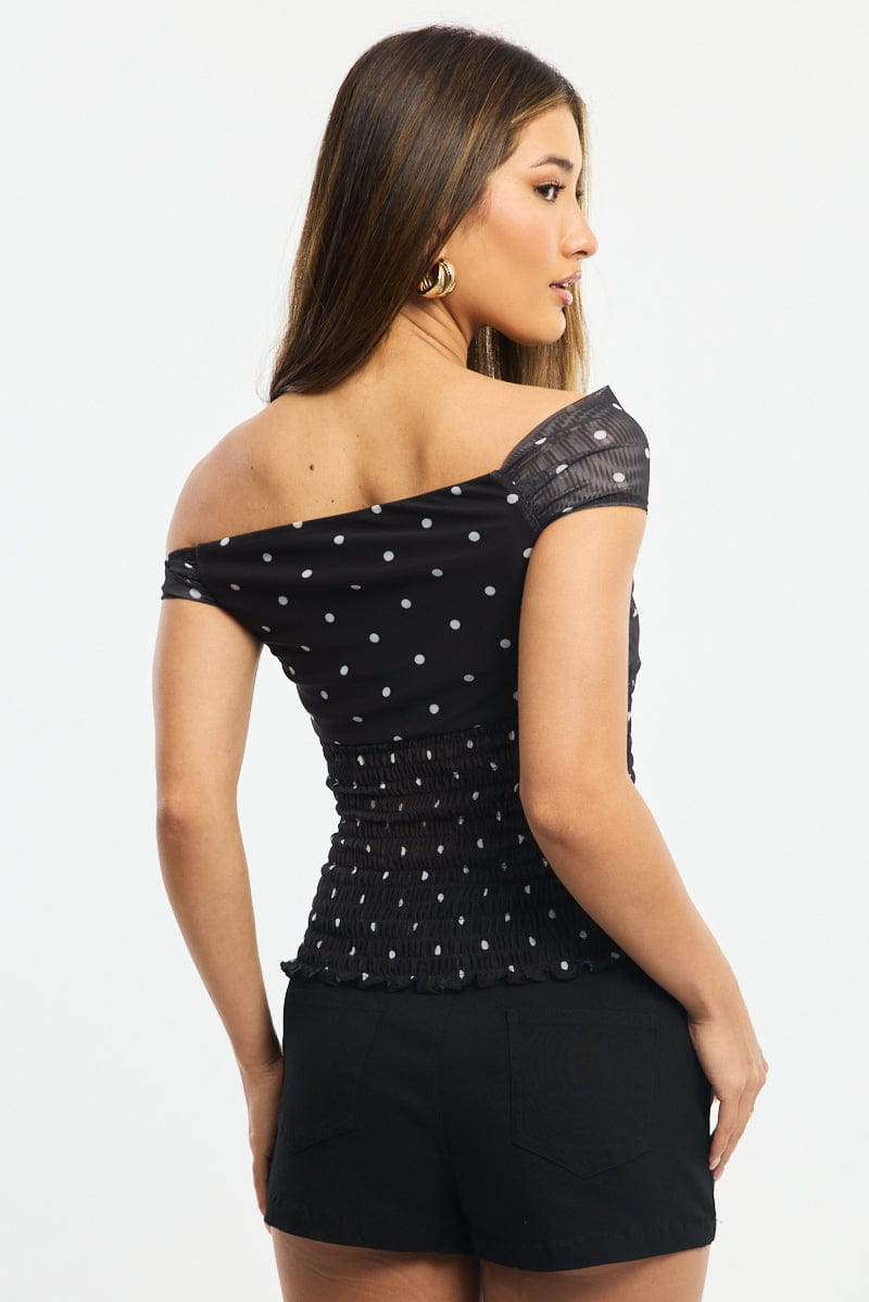 Black Polka Dot One Shoulder Polka Dot Mesh Top for Ally Fashion