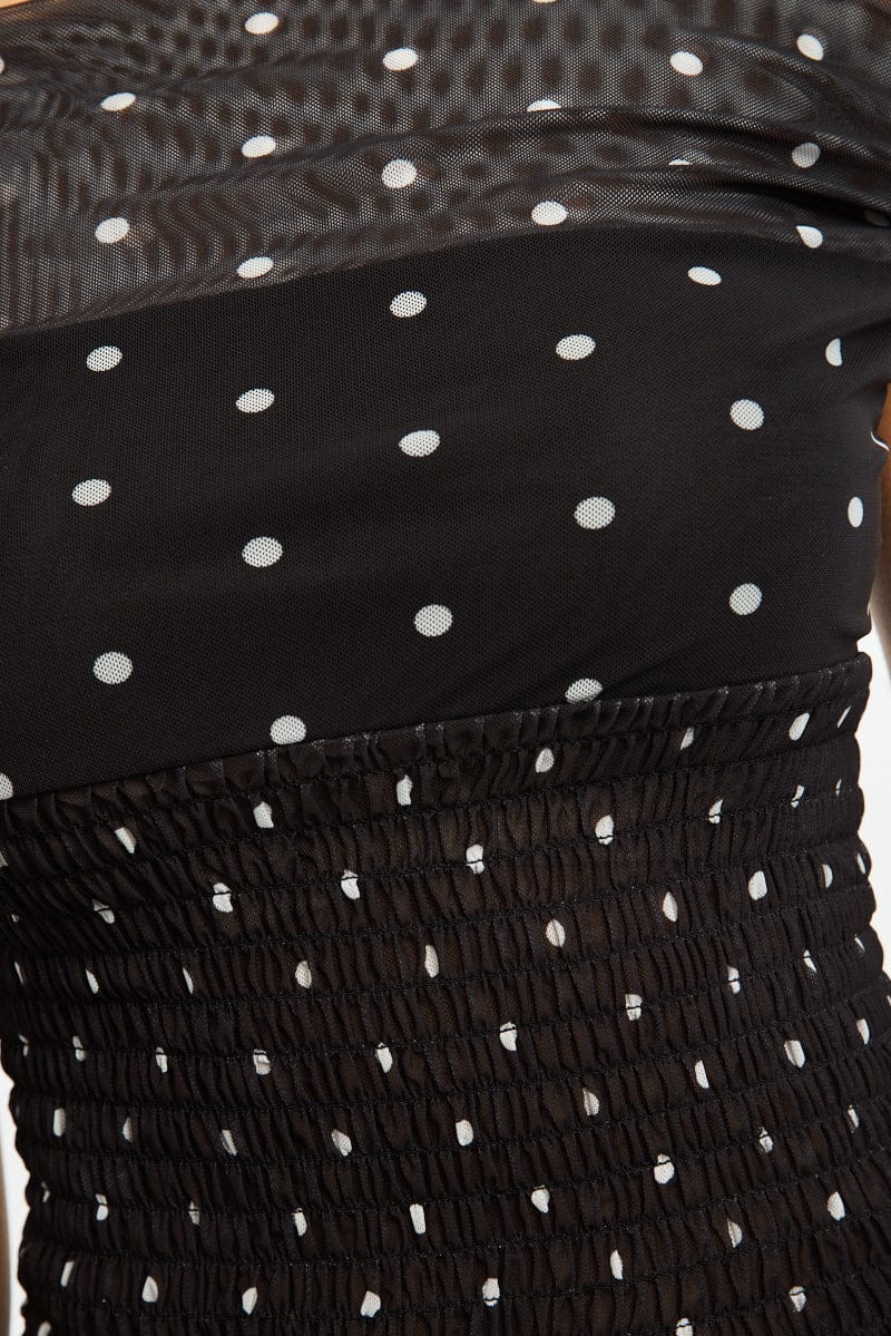 Black Polka Dot One Shoulder Polka Dot Mesh Top for Ally Fashion