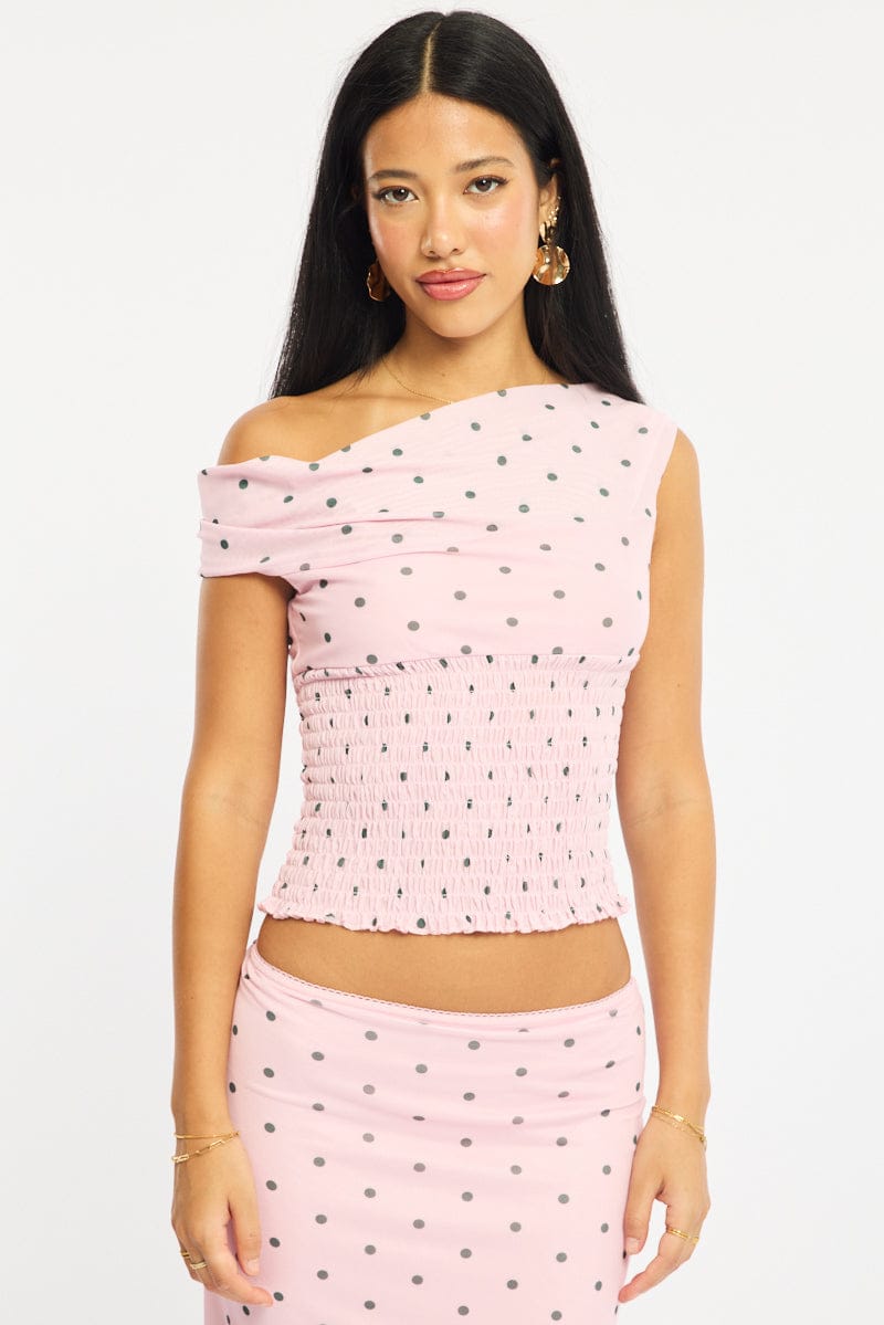 Pink Polka Dot One Shoulder Polka Dot Mesh Top for Ally Fashion