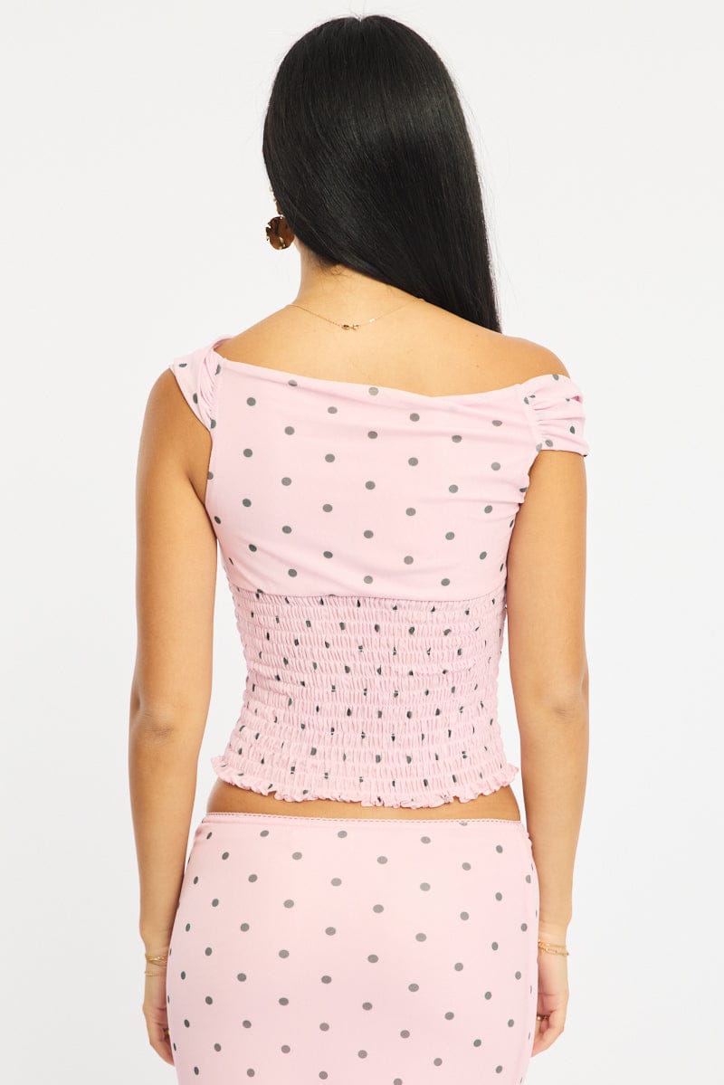 Pink Polka Dot One Shoulder Polka Dot Mesh Top for Ally Fashion