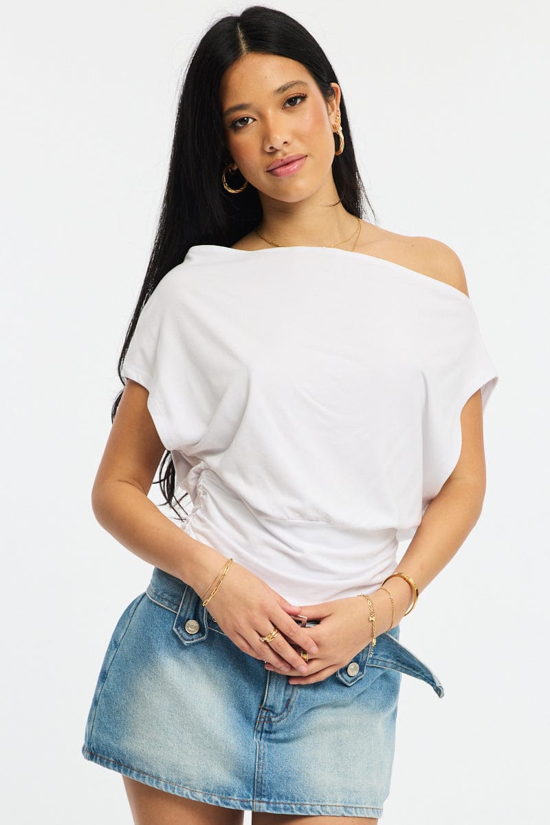 White Off Shoulder Top Short Sleeve for Ally Fashion