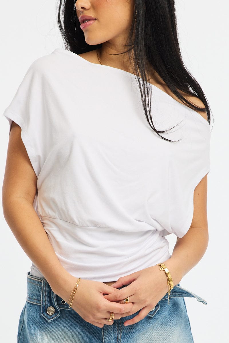 White Off Shoulder Top Short Sleeve for Ally Fashion