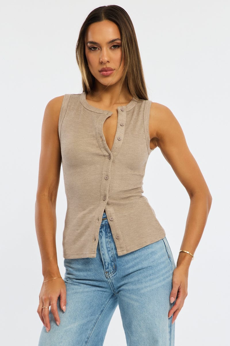 Beige Button Front Top Sleeveless for Ally Fashion