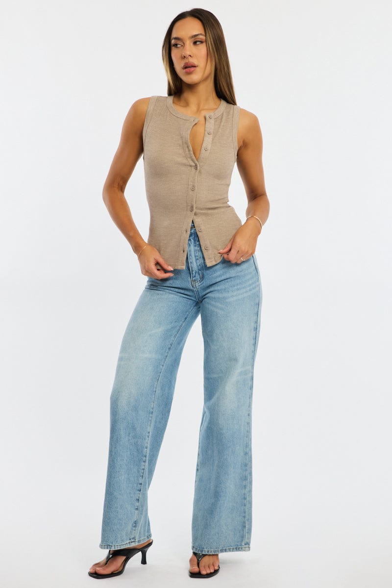 Beige Button Front Top Sleeveless for Ally Fashion