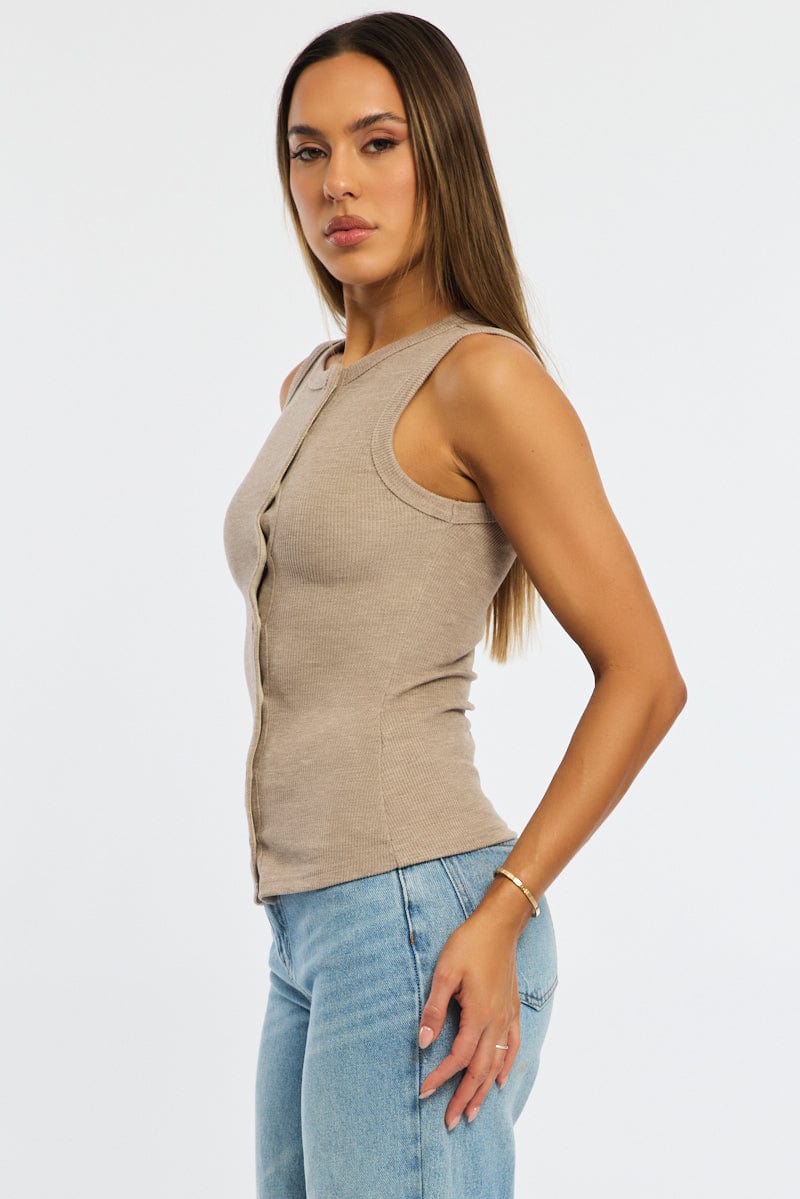 Beige Button Front Top Sleeveless for Ally Fashion