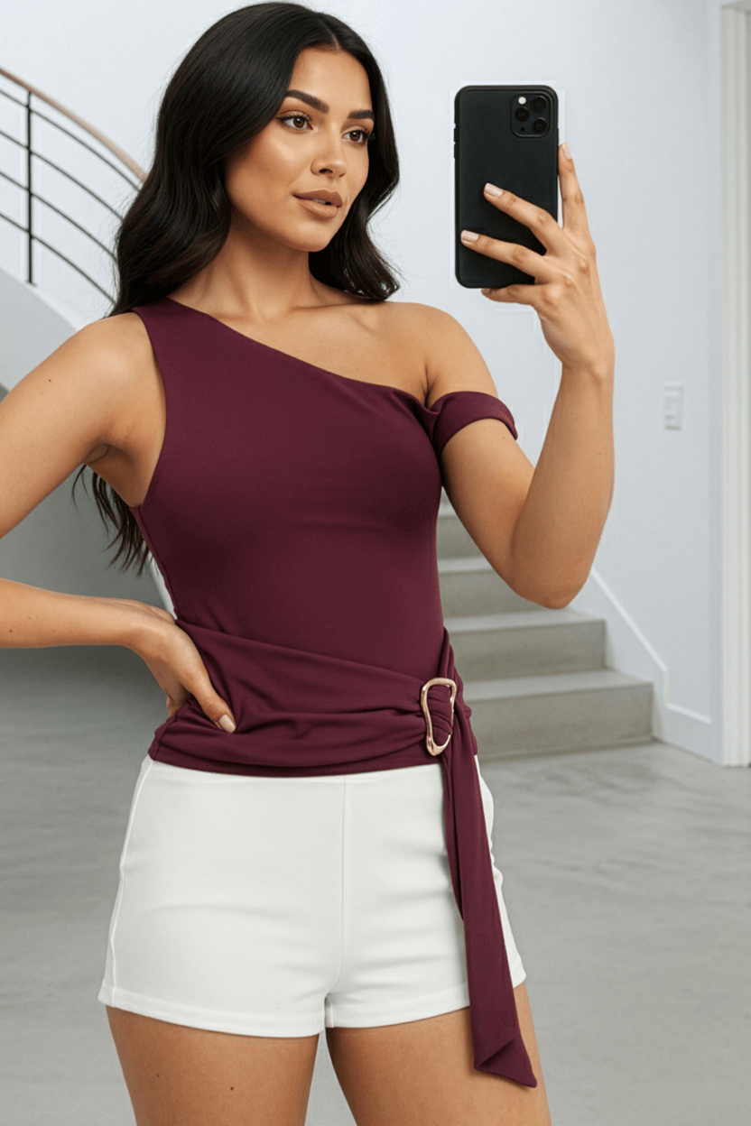 Red One Shoulder Top With Belt