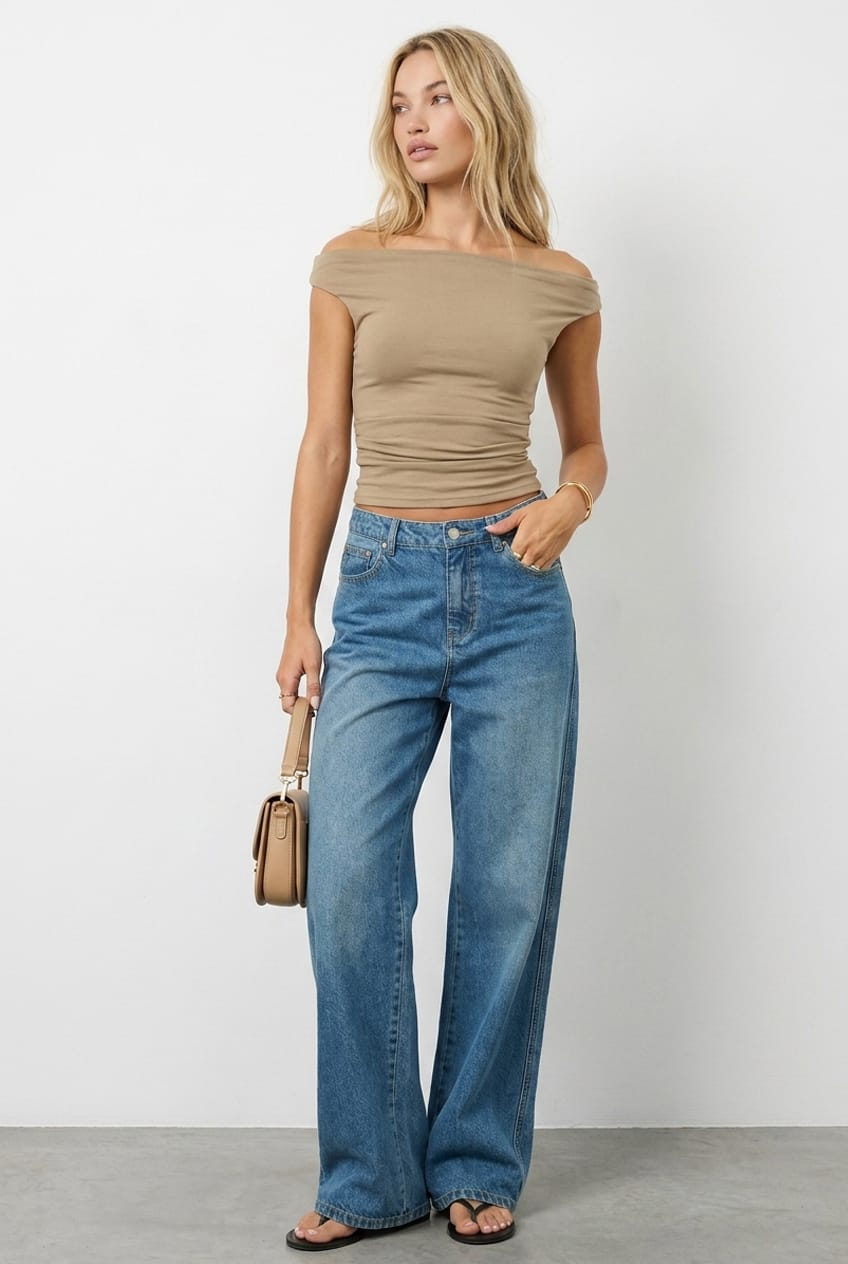 Beige Off Shoulder Top for Ally Fashion