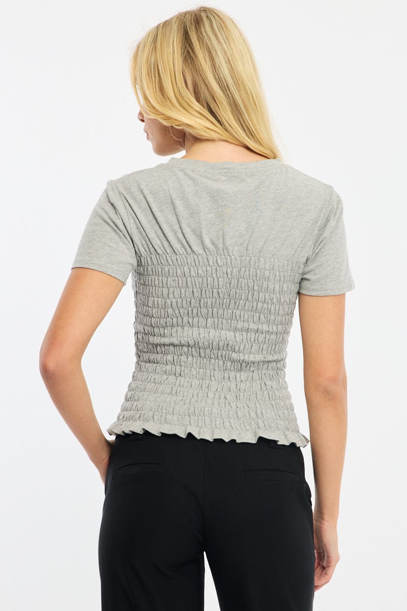 Grey Shirred Top Short Sleeve for Ally Fashion