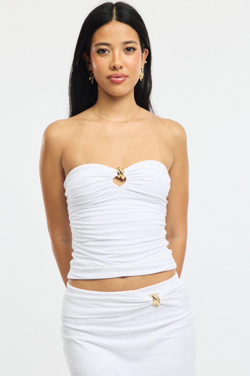 White Bandeau Top Sleeveless Metal Detail for Ally Fashion