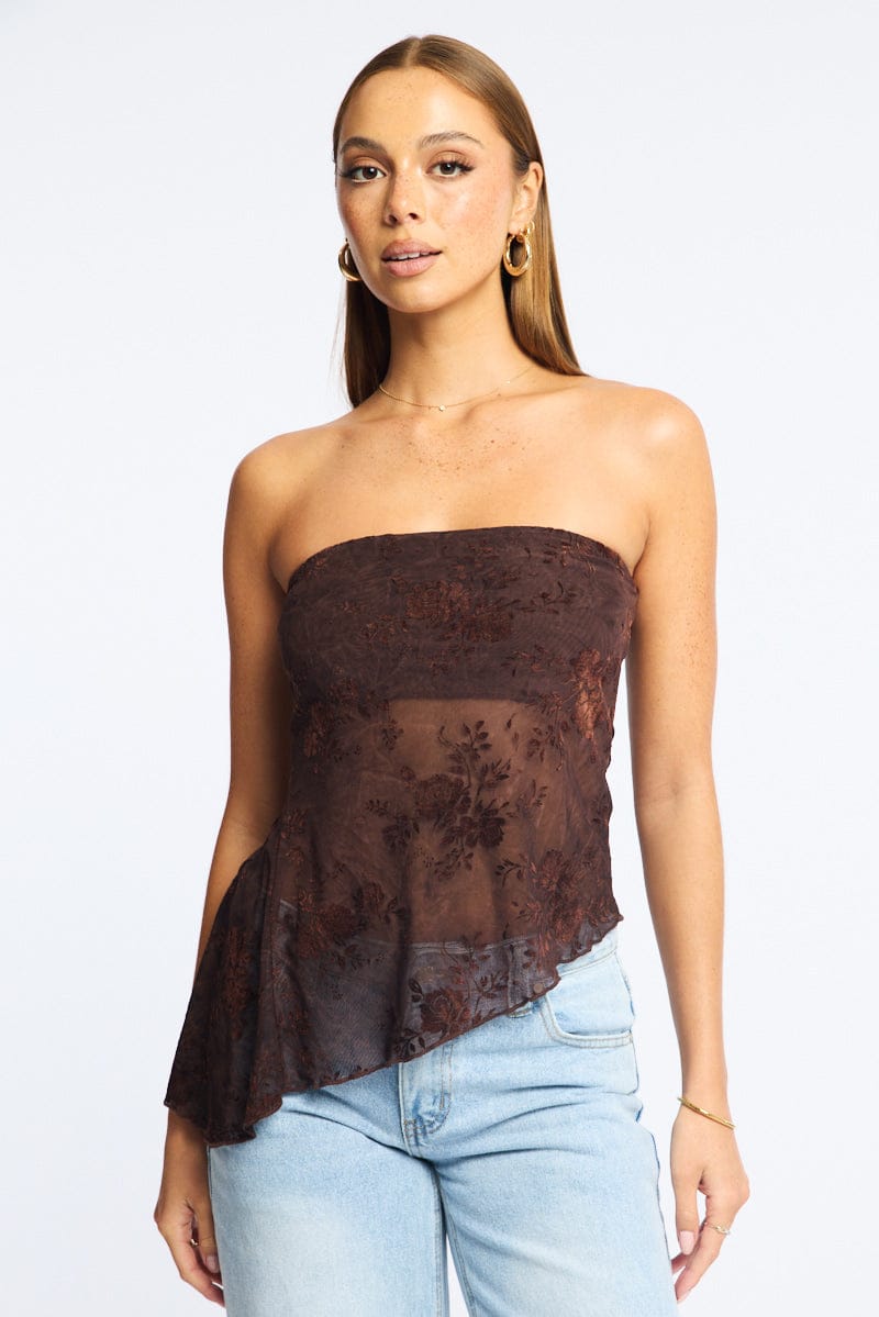 Brown Bandeau Strapless Burnout for Ally Fashion