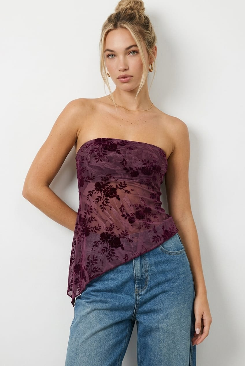 Red Bandeau Strapless Burnout for Ally Fashion