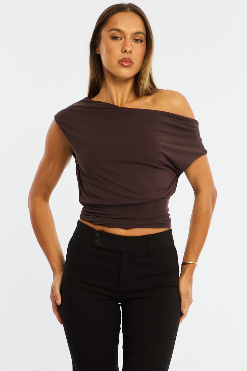 Brown One Shoulder Top for Ally Fashion