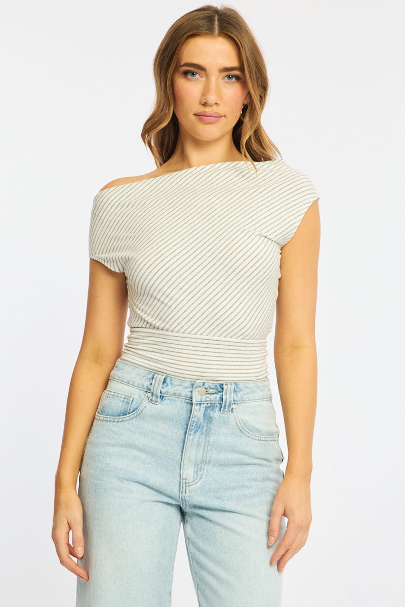 Grey Stripe One Shoulder Top for Ally Fashion