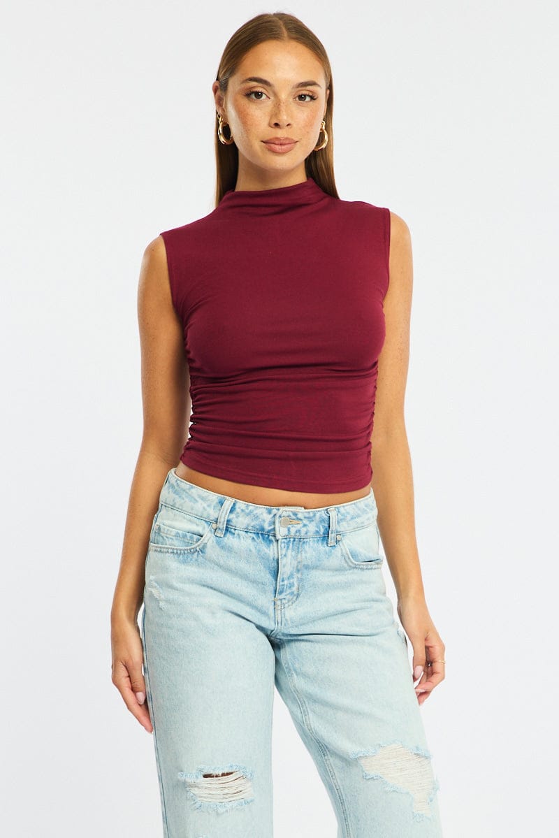 Red High Neck Top Sleeveless for Ally Fashion