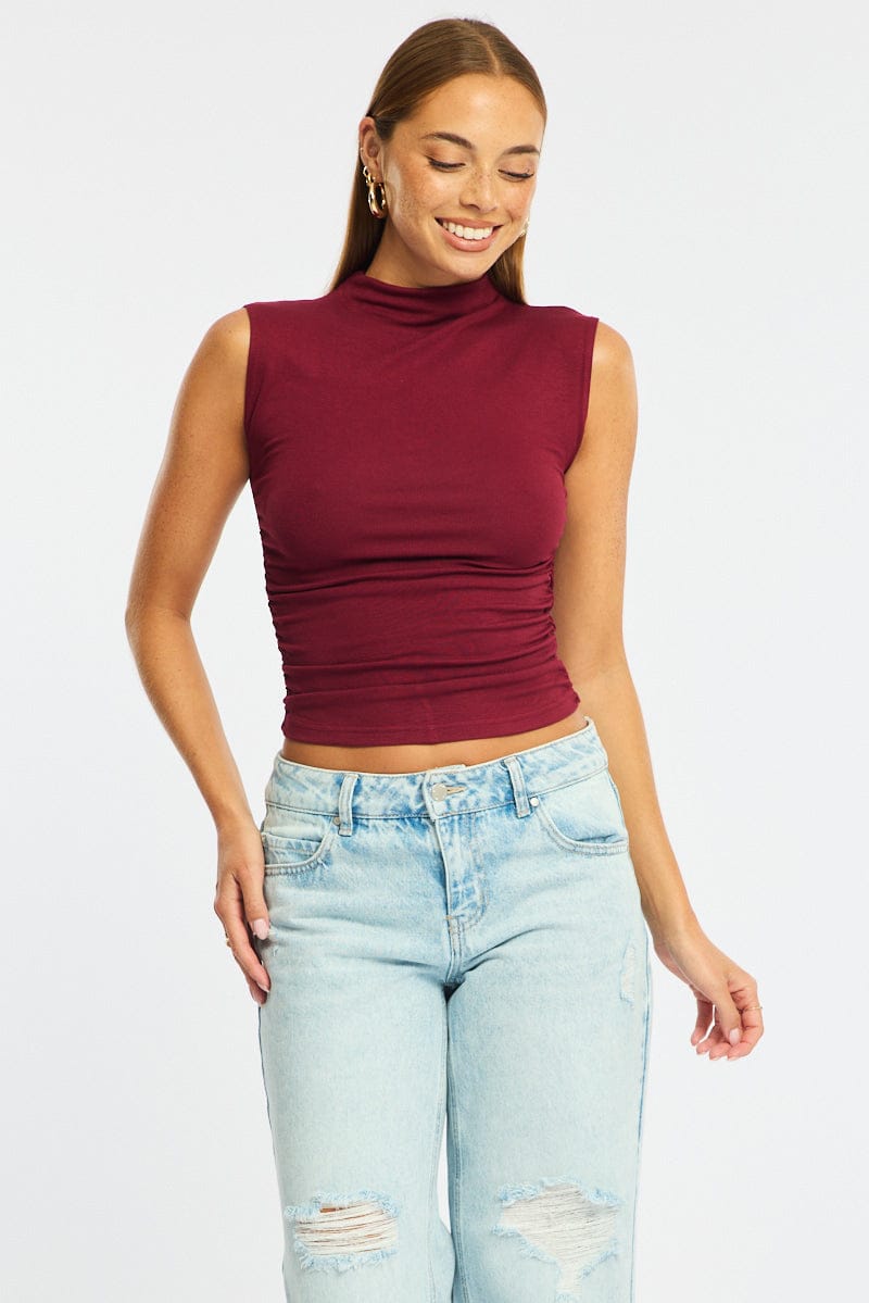 Red High Neck Top Sleeveless for Ally Fashion