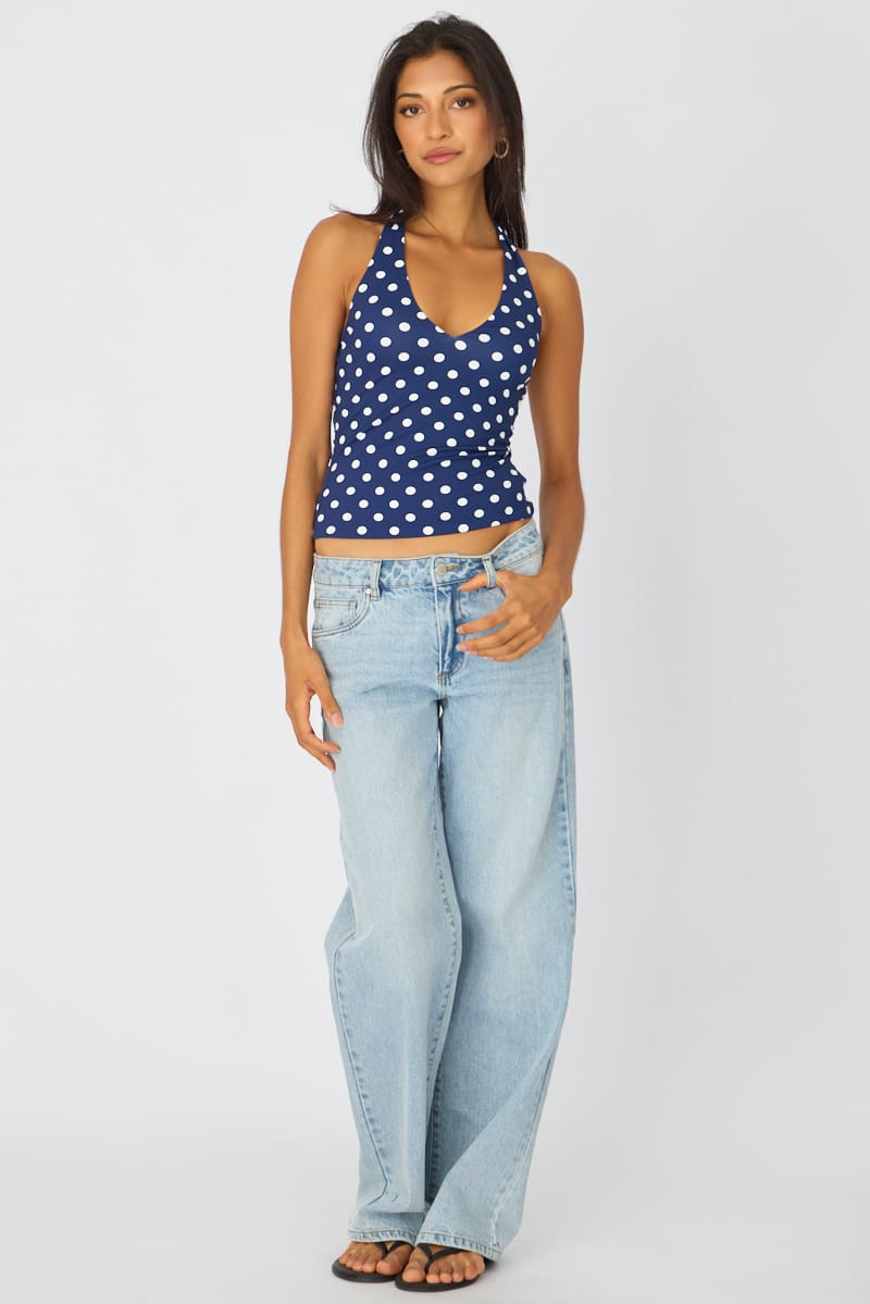 Blue Polka Dot Halter Top Polka Dot for Ally Fashion