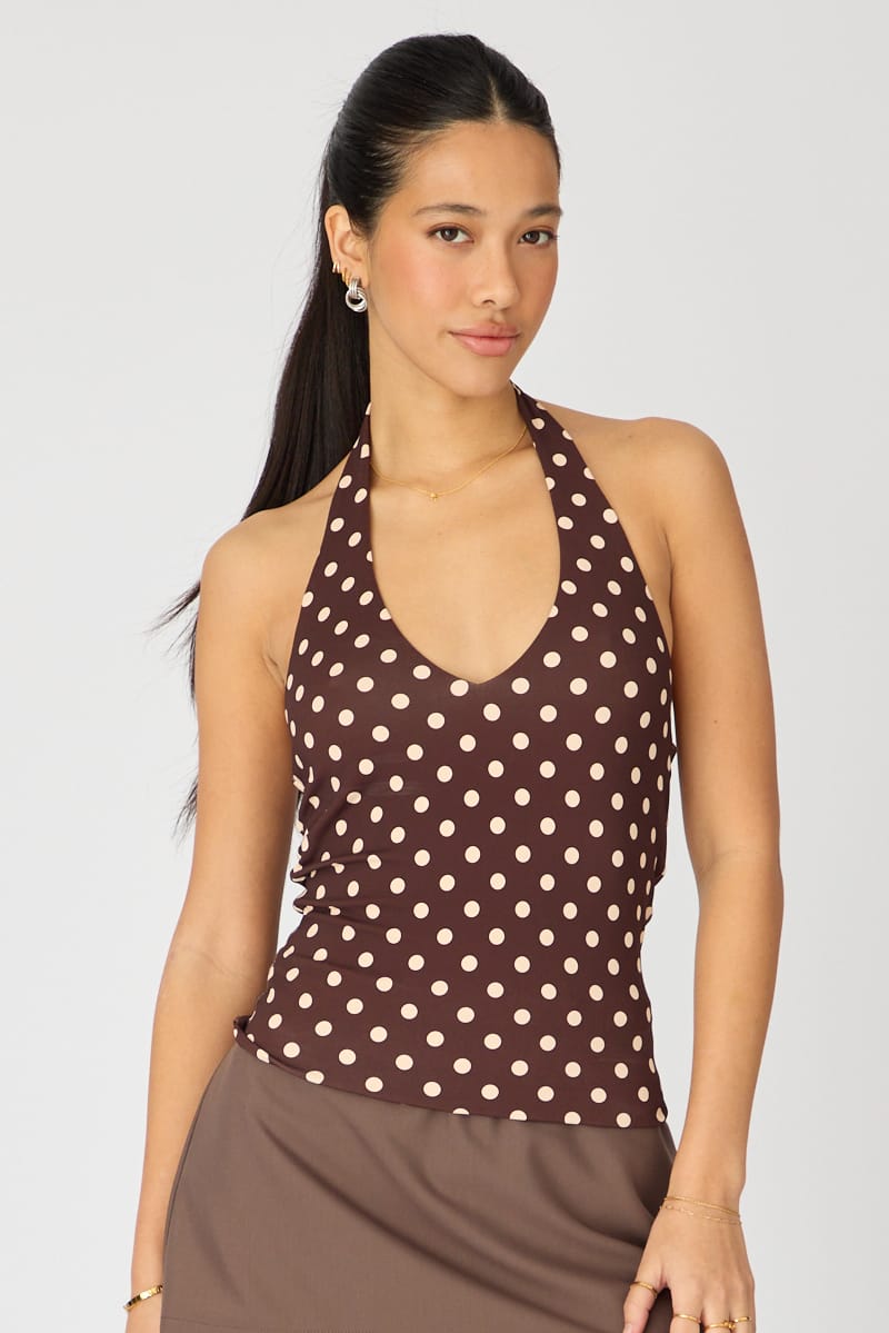 Brown Polka Dot Halter Top Polka Dot for Ally Fashion