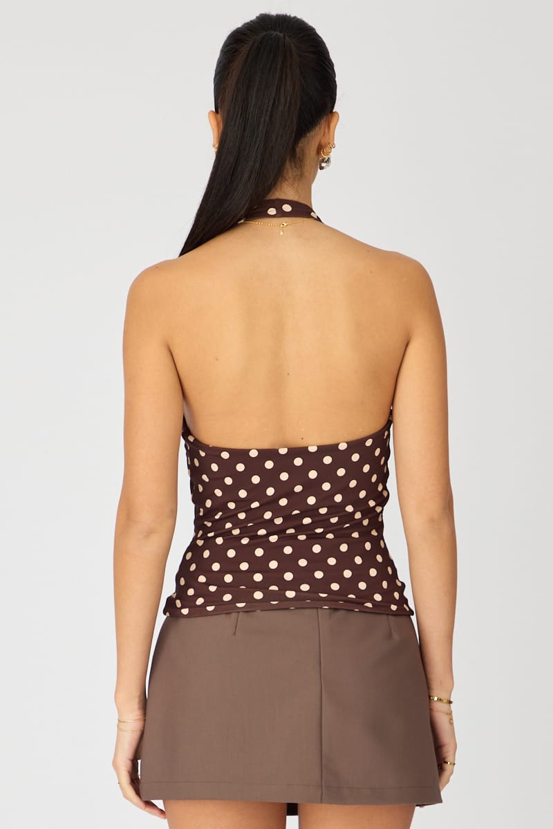 Brown Polka Dot Halter Top Polka Dot for Ally Fashion