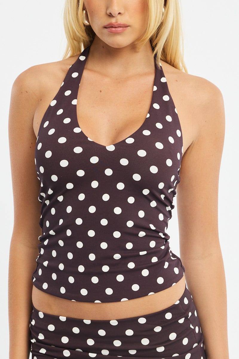 Brown Polka Dot Halter Top Polka Dot for Ally Fashion