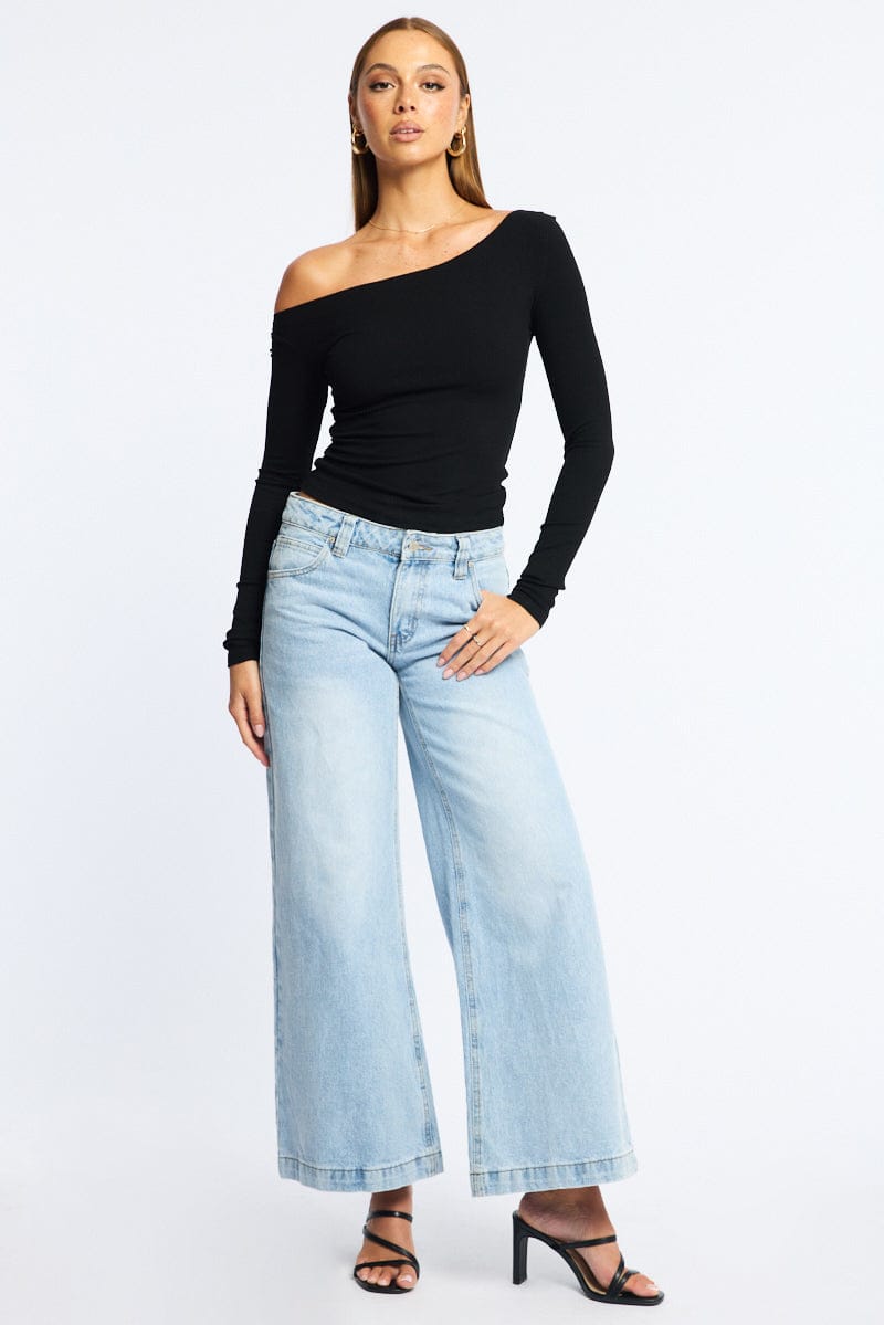 Black Long Sleeve Rib Asymmetric Top for Ally Fashion