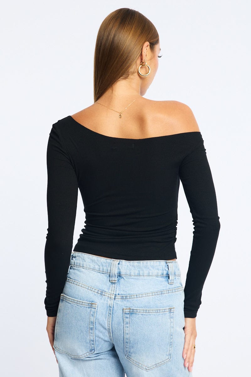 Black Long Sleeve Rib Asymmetric Top for Ally Fashion