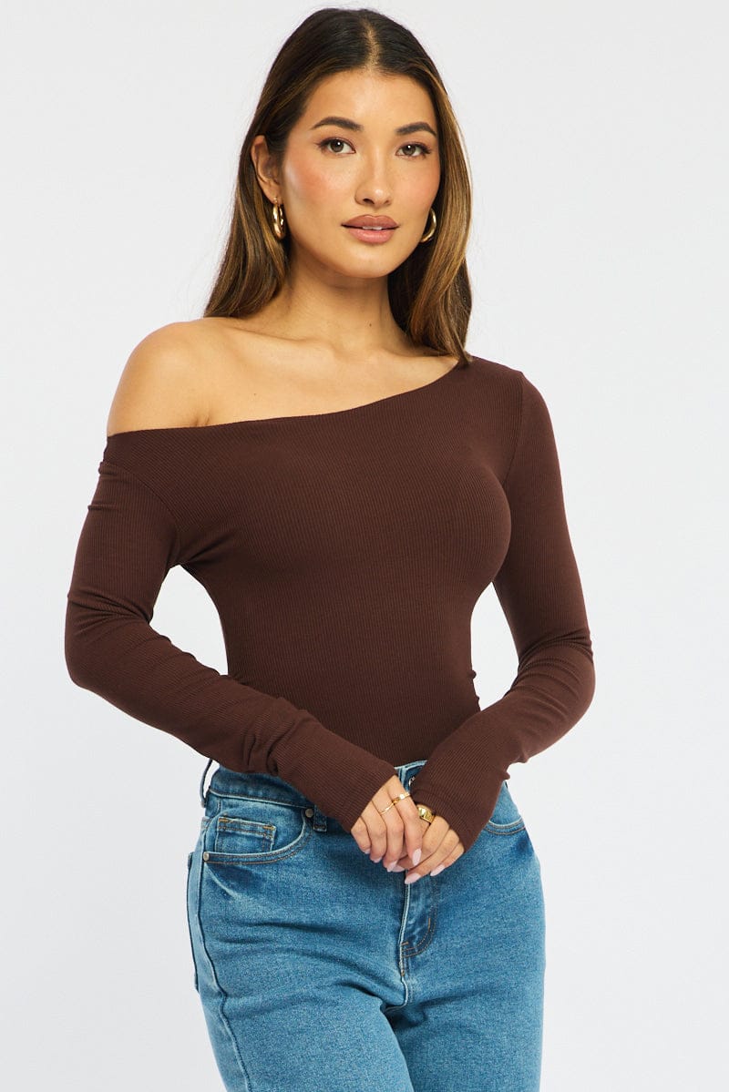 Brown Long Sleeve Rib Asymmetric Top for Ally Fashion