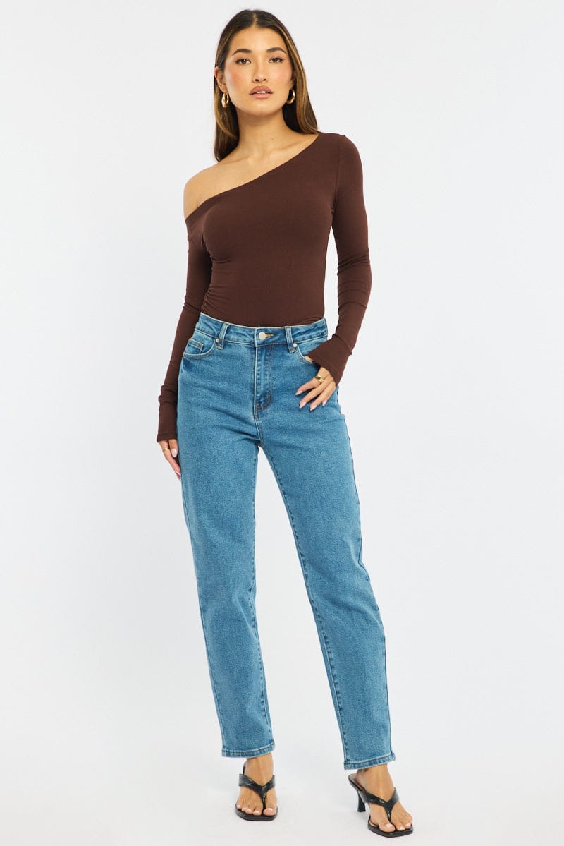 Brown Long Sleeve Rib Asymmetric Top for Ally Fashion