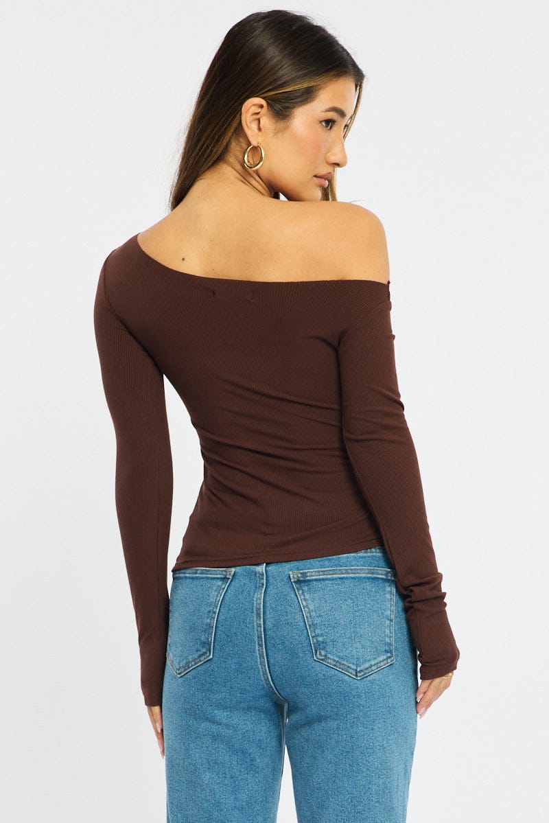 Brown Long Sleeve Rib Asymmetric Top for Ally Fashion