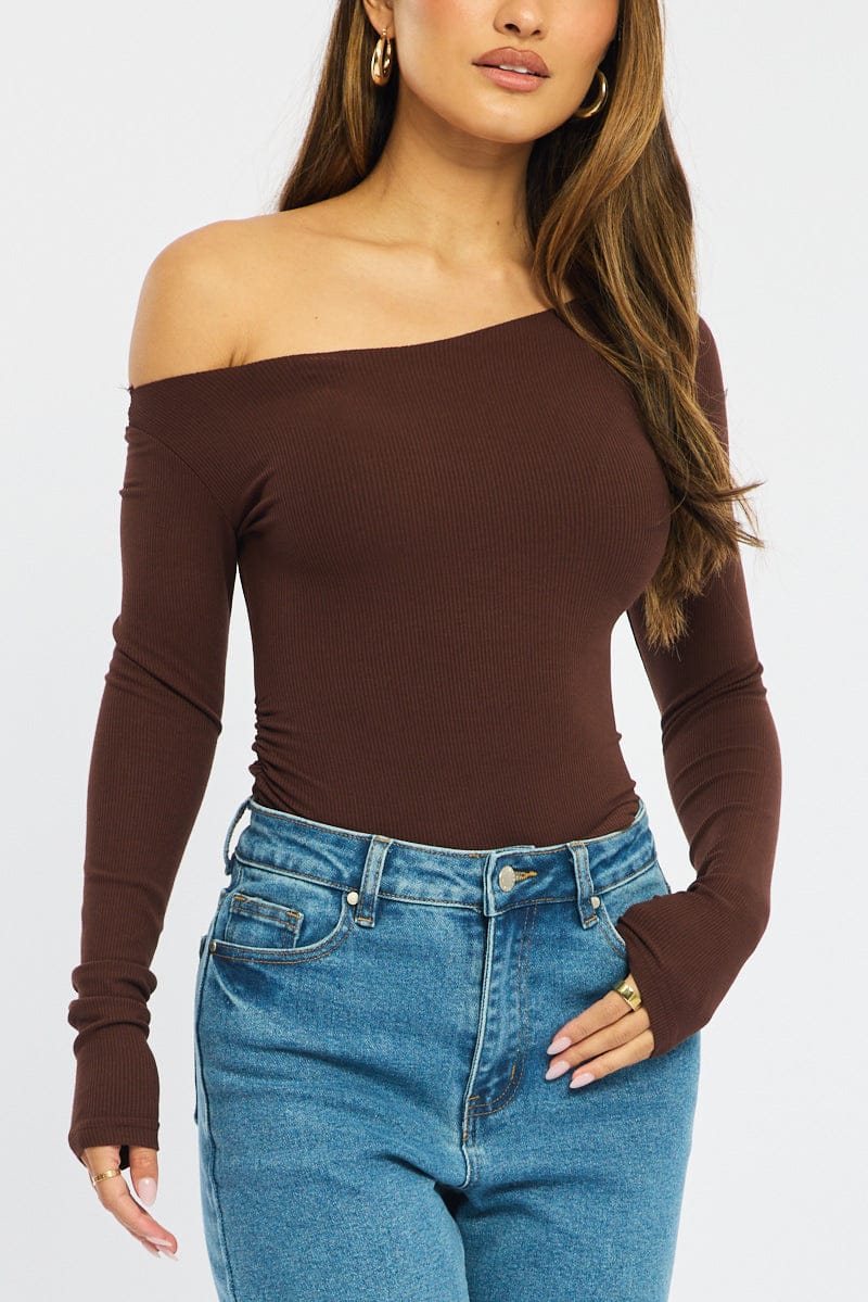 Brown Long Sleeve Rib Asymmetric Top for Ally Fashion