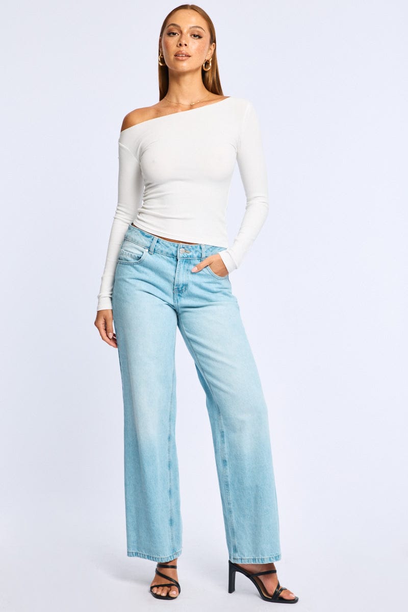 White Long Sleeve Rib Asymmetric Top for Ally Fashion
