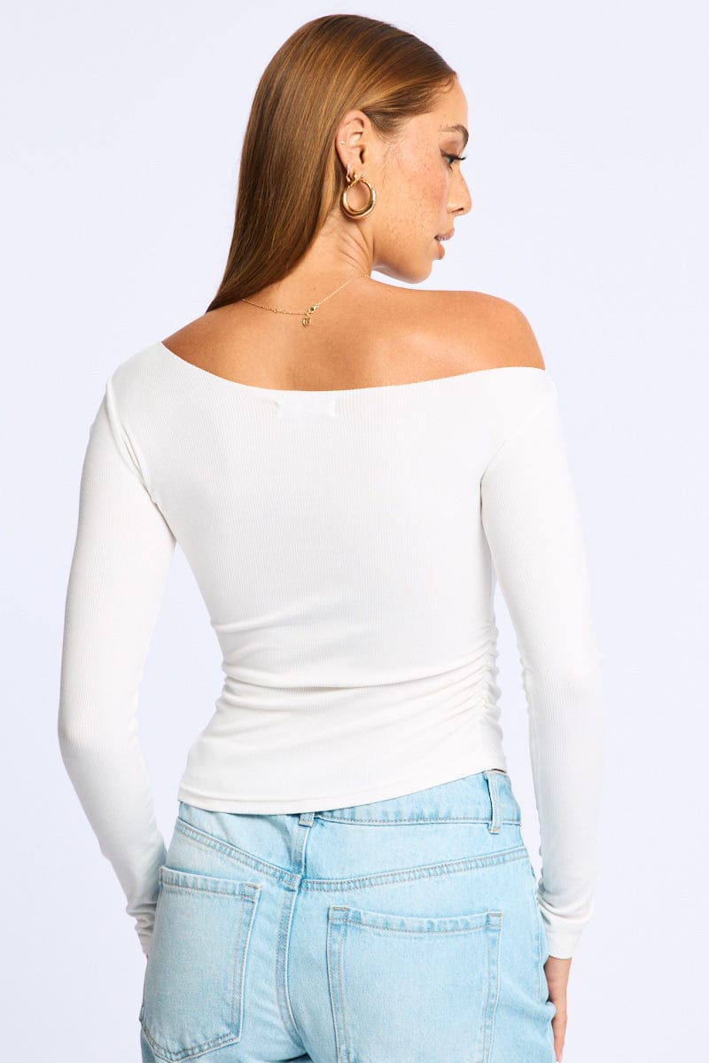 White Long Sleeve Rib Asymmetric Top for Ally Fashion