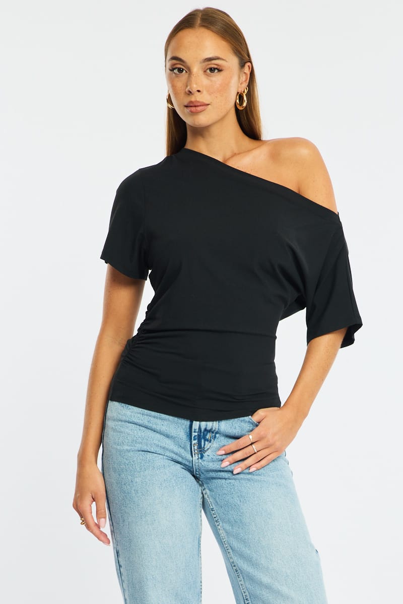 Black One Shoulder Top Short Sleeve for Ally Fashion