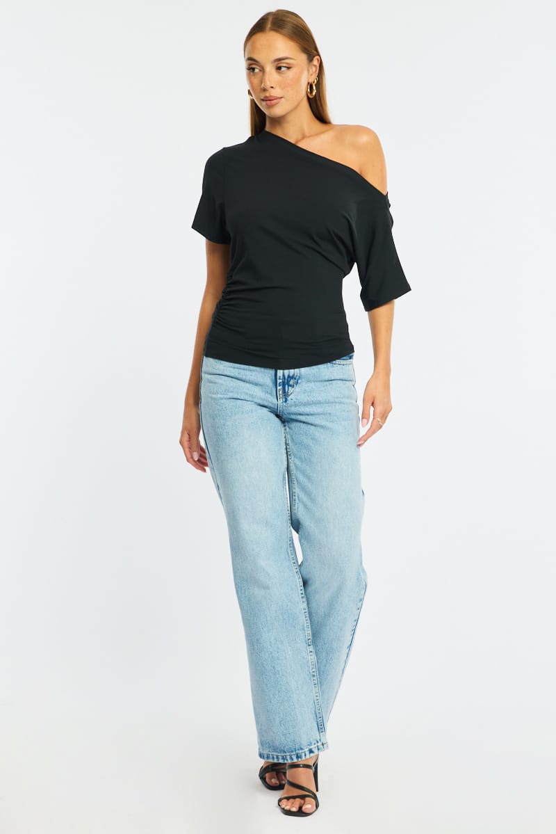 Black One Shoulder Top Short Sleeve for Ally Fashion