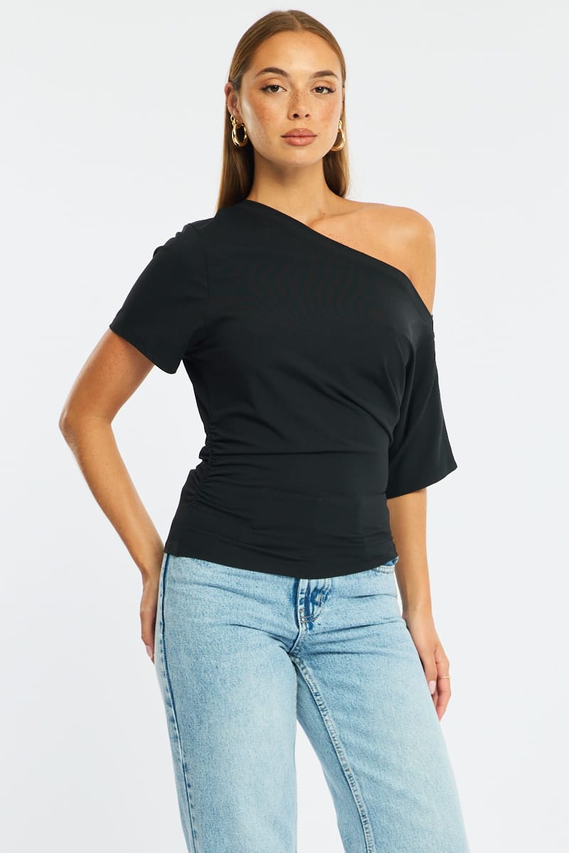 Black One Shoulder Top Short Sleeve for Ally Fashion