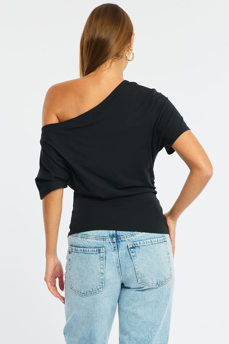 Black One Shoulder Top Short Sleeve for Ally Fashion