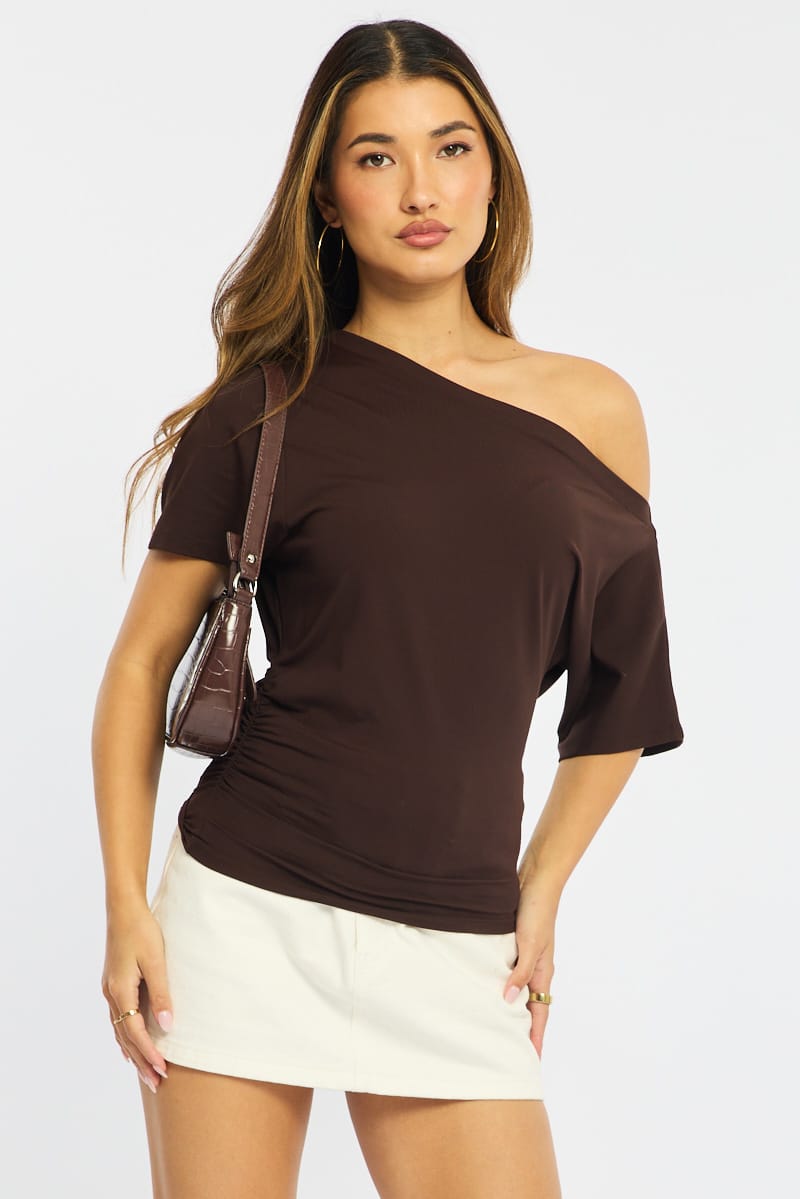Ally Fashion brown one shoulder short sleeve cotton jersey top with an asymmetric neckline and gathered waist