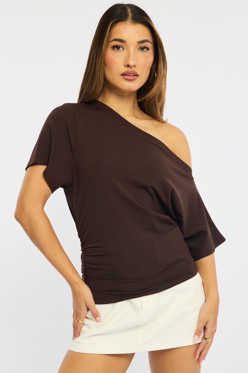 Brown One Shoulder Top Short Sleeve for Ally Fashion